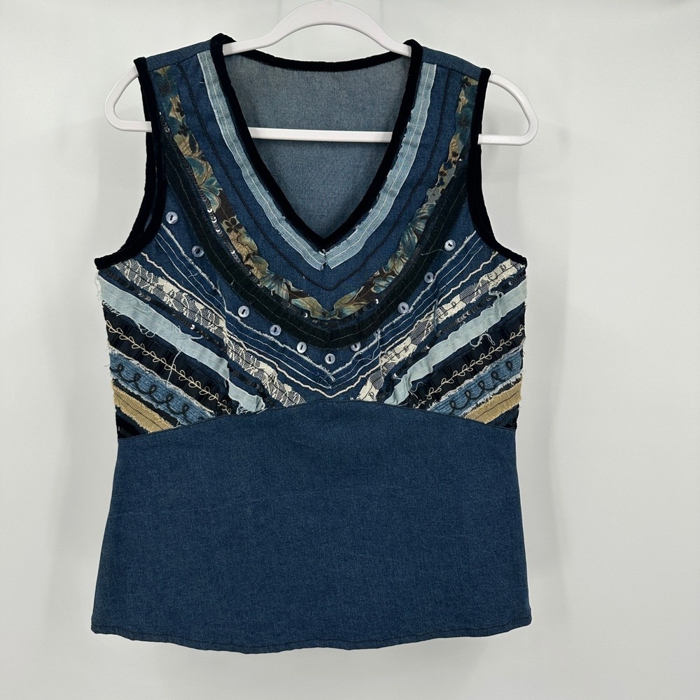 Womens Vintage Boho‎ Patchwork Denim Top Size M Eclectic Indie Gypsy Festival